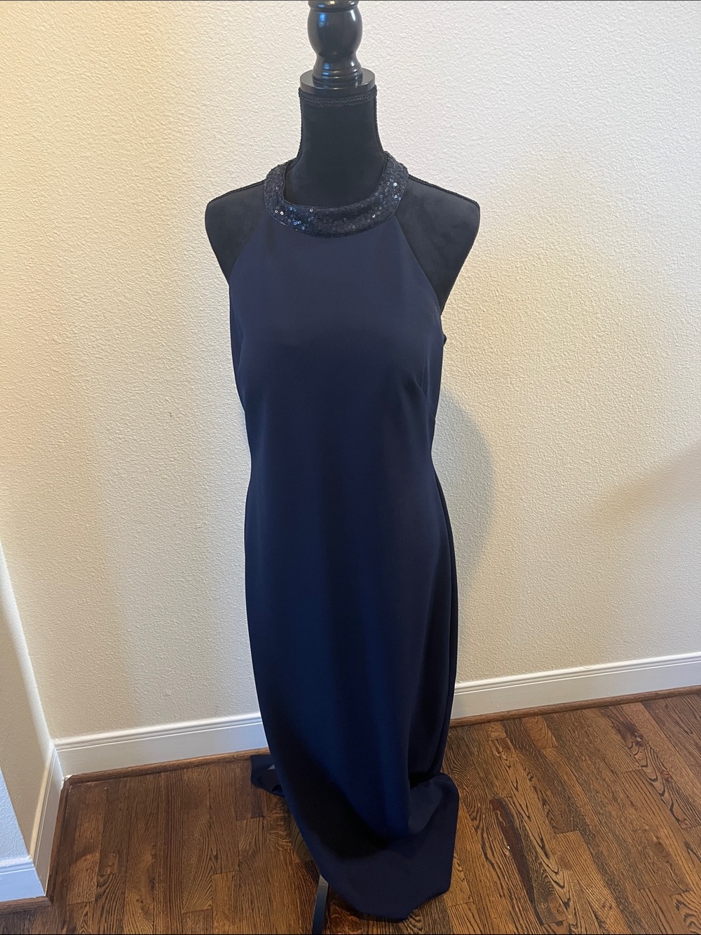 Vince Camuto Navy Halter Maxi Dress with Sequin Collar